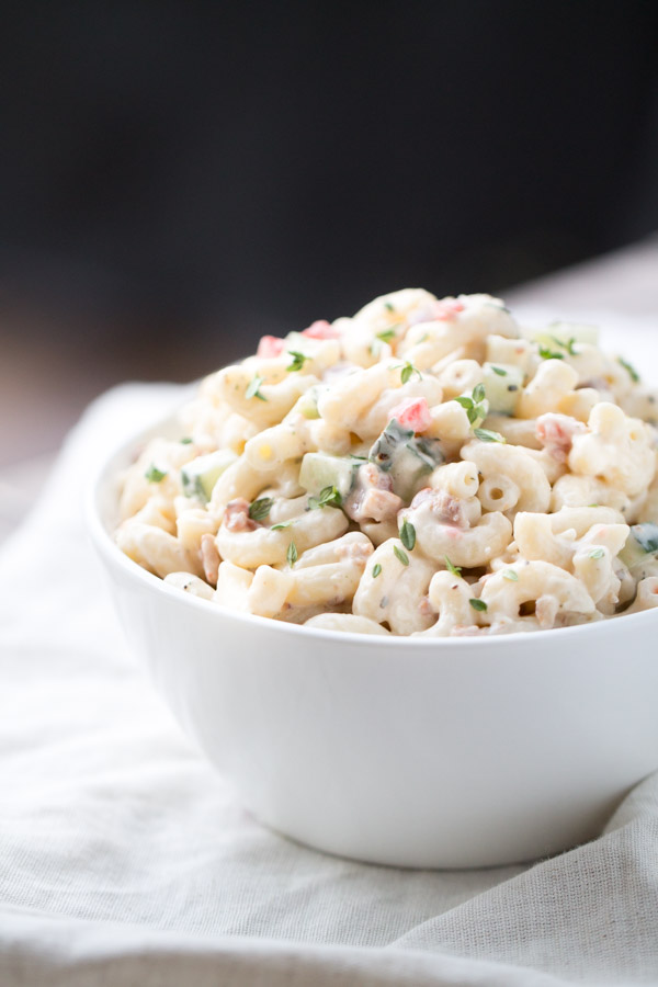 Bacon Parmesan Pasta Salad is full of bacon, creamy mayo and parmesan cheese! Pair it with your favorite grilled main dish for a perfect meal. | This Gal Cooks