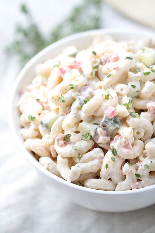 Bacon Parmesan Pasta Salad is full of bacon, creamy mayo and parmesan cheese! Pair it with your favorite grilled main dish for a perfect meal. | This Gal Cooks