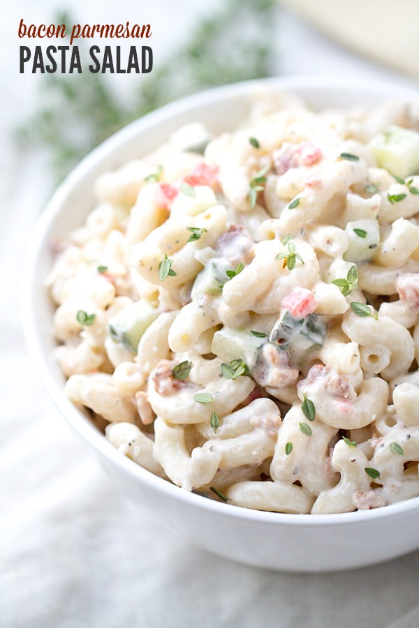 Bacon Parmesan Pasta Salad is full of bacon, creamy mayo and parmesan cheese! Pair it with your favorite grilled main dish for a perfect meal. | This Gal Cooks