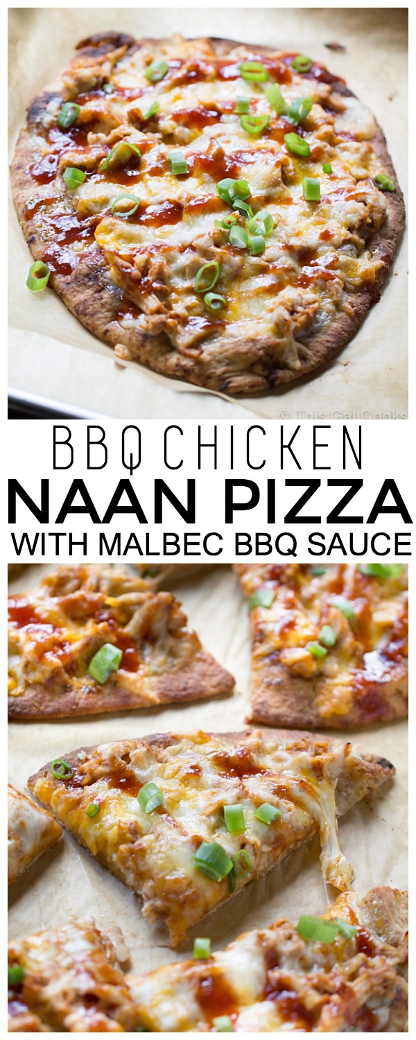 BBQ Chicken Naan Pizzas with Malbec BBQ Sauce - a quick and easy pizza with homemade BBQ sauce that's great as an appetizer or meal! | This Gal Cooks 