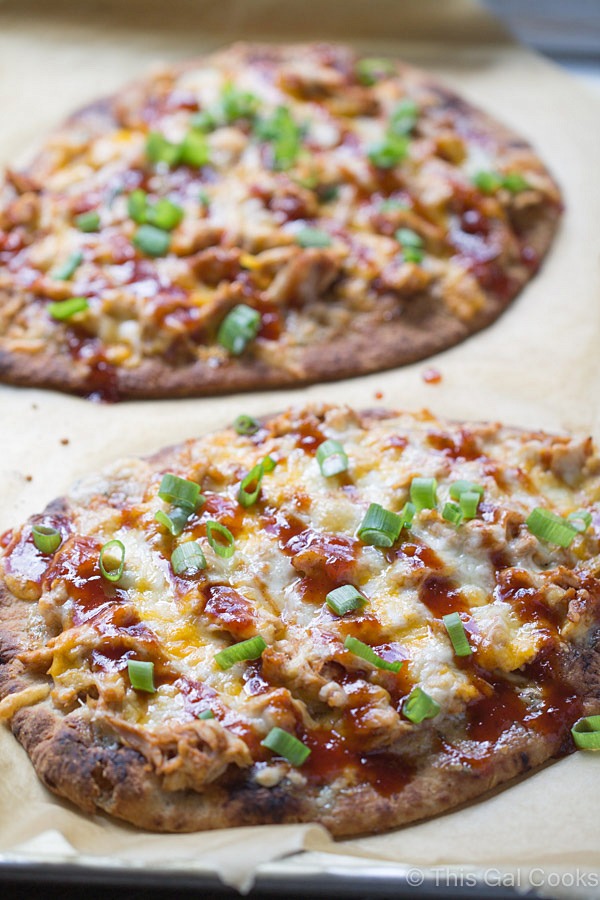 BBQ Chicken Naan Pizzas with Malbec BBQ Sauce - a quick and easy pizza with homemade BBQ sauce that's great as an appetizer or meal! | This Gal Cooks 