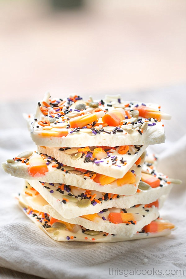 Candy Corn White Chocolate Halloween Bark | This Gal Cooks