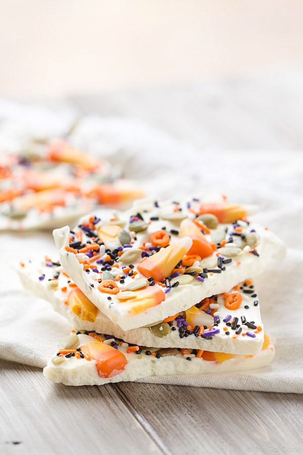 Candy Corn White Chocolate Halloween Bark | This Gal Cooks