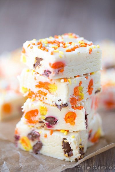 Candy Corn M&M White Chocolate Fudge | This Gal Cooks #dessert