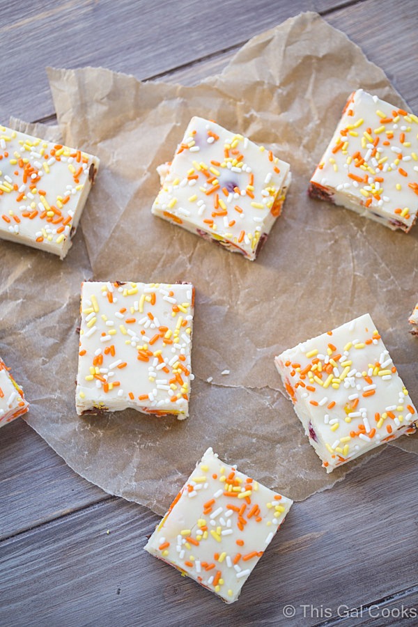 Candy Corn M&M White Chocolate Fudge | This Gal Cooks #dessert