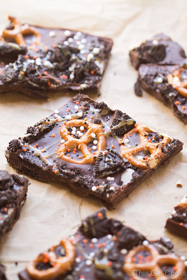 Dark Chocolate Oreo Pretzel Bark | This Gal Cooks #dessert #candybark