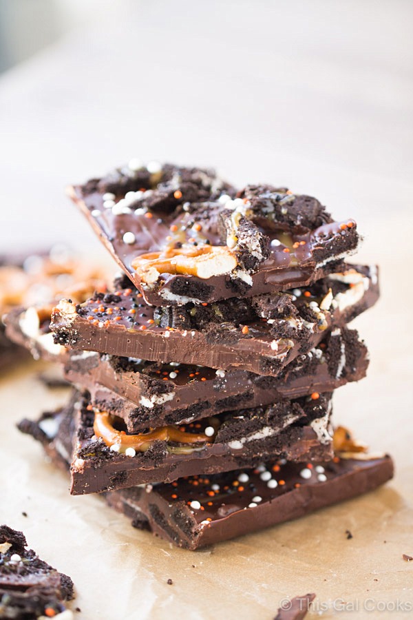 Dark Chocolate Oreo Pretzel Bark | This Gal Cooks #dessert #candybark