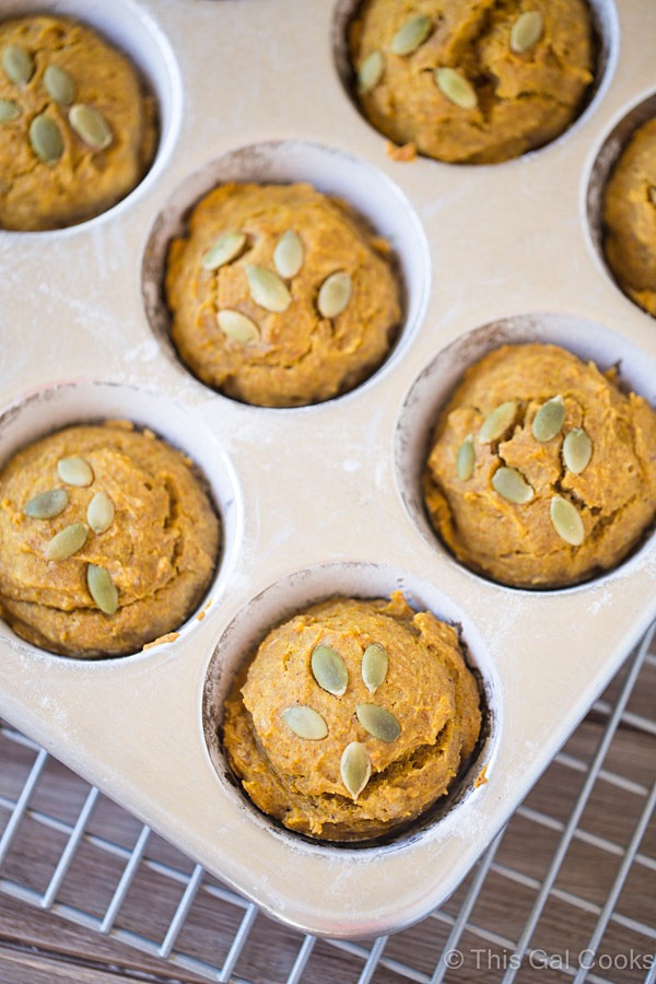 Healthier Pumpkin Muffins. Made with coconut oil and honey. No refined sugars. 150 calories per muffin. | This Gal Cooks