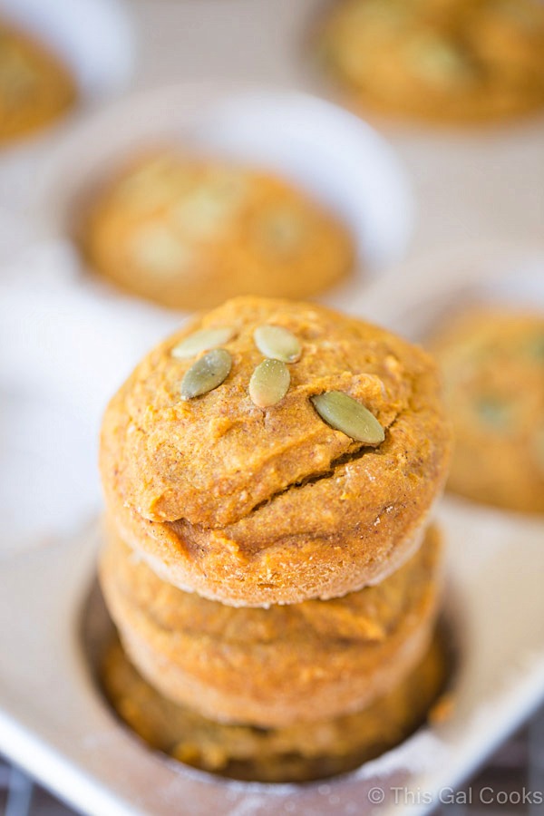 Healthier Pumpkin Muffins. Made with coconut oil and honey. No refined sugars. 150 calories per muffin. | This Gal Cooks