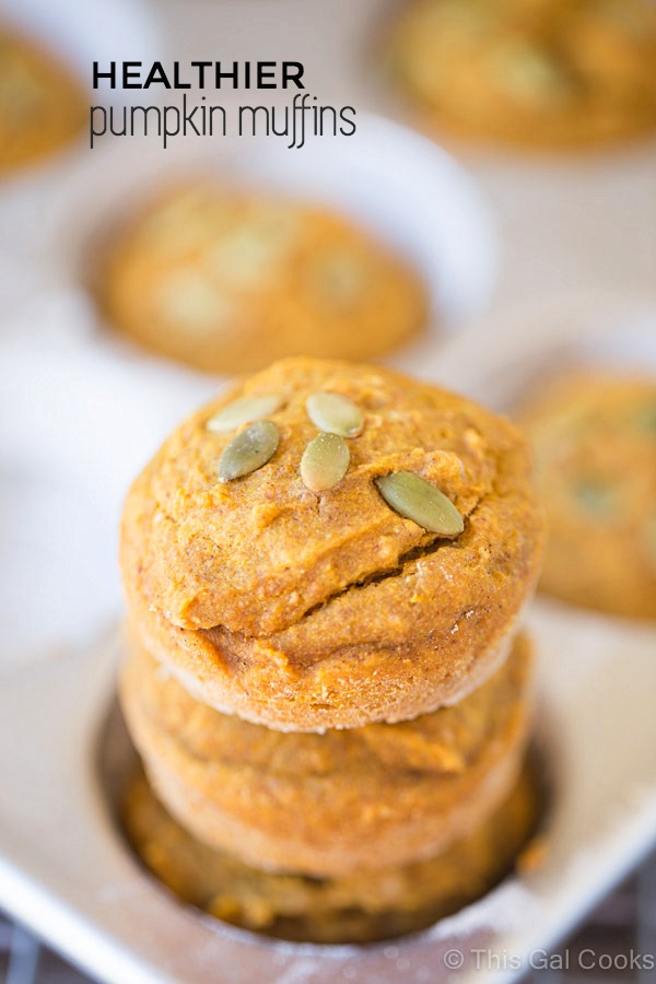 Healthier Pumpkin Muffins. Made with coconut oil and honey. No refined sugars. 150 calories per muffin. | This Gal Cooks