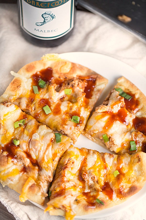 BBQ Chicken Naan Pizzas with Malbec BBQ Sauce - a quick and easy pizza with homemade BBQ sauce that's great as an appetizer or meal! | This Gal Cooks 