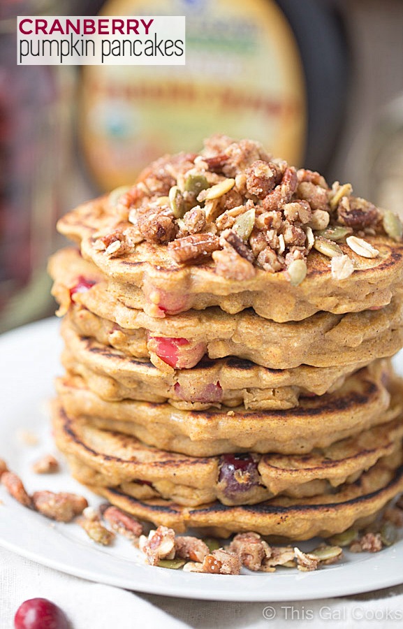 Healthier dairy free Cranberry Pumpkin Pancakes | This Gal Cooks #breakfast