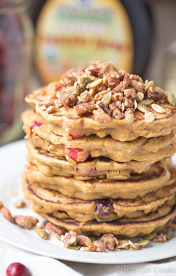 Healthier dairy free Cranberry Pumpkin Pancakes | This Gal Cooks #breakfast