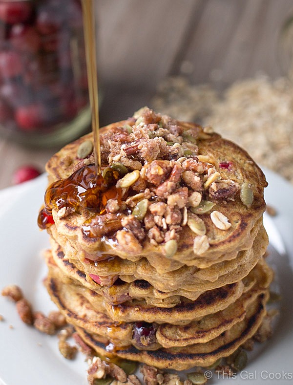 Healthier dairy free Cranberry Pumpkin Pancakes | This Gal Cooks #breakfast