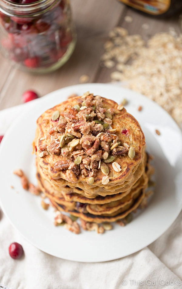 Healthier dairy free Cranberry Pumpkin Pancakes | This Gal Cooks #breakfast