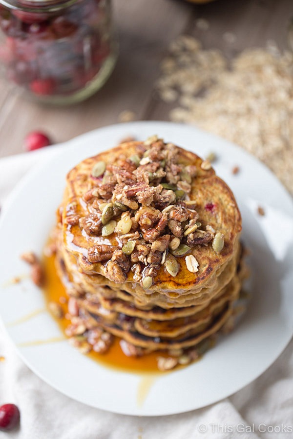 Healthier dairy free Cranberry Pumpkin Pancakes | This Gal Cooks #breakfast