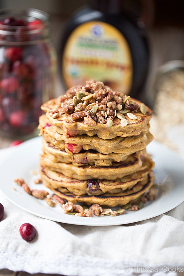 Healthier dairy free Cranberry Pumpkin Pancakes | This Gal Cooks #breakfast