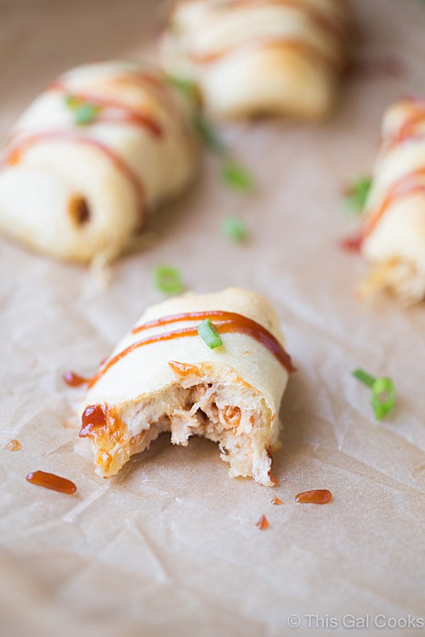 Four Ingredient BBQ Chicken Crescent Roll Ups. A Simple Appetizer | This Gal Cooks