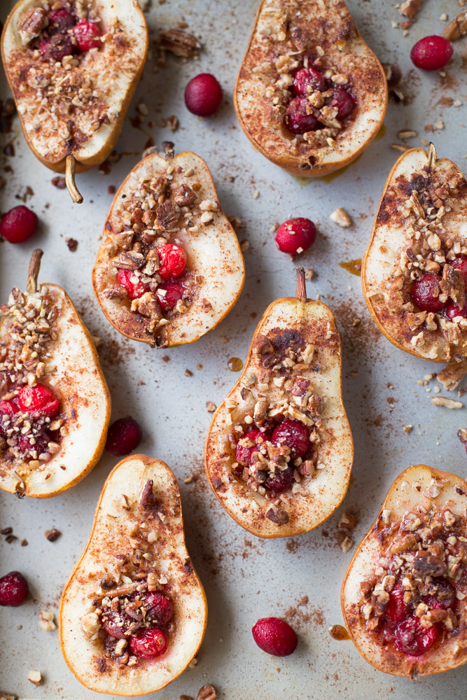 Baked Pears with Honey, Cranberries and Pecans. A healthy holiday dessert option. 