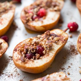 Baked Pears with Honey, Cranberries and Pecans. A healthy holiday dessert option.