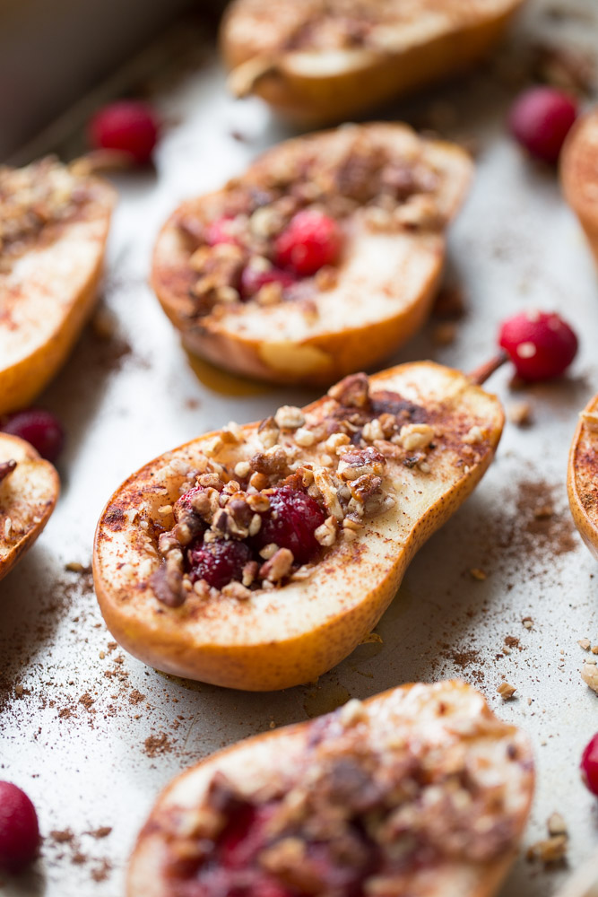 Baked Pears with Honey, Cranberries and Pecans. A healthy holiday dessert option. 