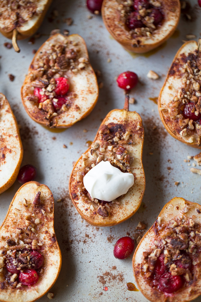 Baked Pears with Honey, Cranberries and Pecans. A healthy holiday dessert option. 