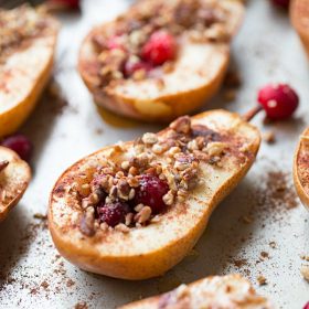 Baked Pears with Honey, Cranberries and Pecans is a super simple and healthy dessert recipe. These delicious pears are seasoned with cinnamon and nutmeg for an extra boost of guilt free flavor!