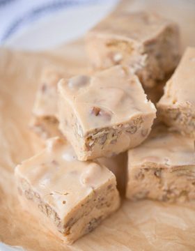 Butter Pecan Fudge. Smooth and creamy, buttery fudge is filled with chopped pecans and cinnamon graham crackers. Perfect for any occasion where sweets are a must!