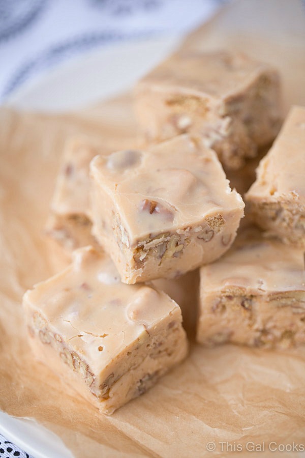 Butter Pecan Fudge. Smooth and creamy, buttery fudge is filled with chopped pecans and cinnamon graham crackers. Perfect for any occasion where sweets are a must!