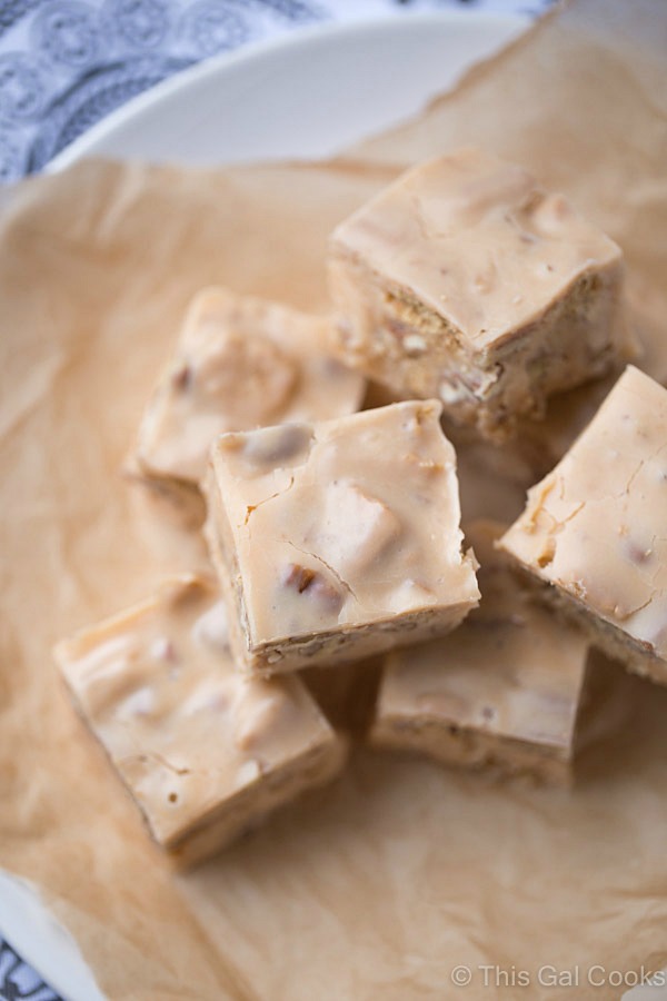 Butter Pecan Fudge. Smooth and creamy, buttery fudge is filled with chopped pecans and cinnamon graham crackers. Perfect for any occasion where sweets are a must!