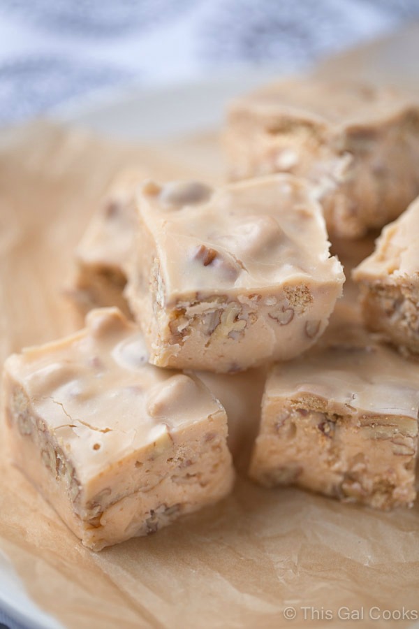 Butter Pecan Fudge. Smooth and creamy, buttery fudge is filled with chopped pecans and cinnamon graham crackers. Perfect for any occasion where sweets are a must!