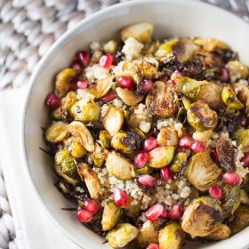 Roasted Brussels Sprouts and shallots are tossed with balsamic vinegar, topped over a bed of fluffy quinoa and then sprinkled with fresh pomegranate!