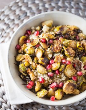 Roasted Brussels Sprouts and shallots are tossed with balsamic vinegar, topped over a bed of fluffy quinoa and then sprinkled with fresh pomegranate!