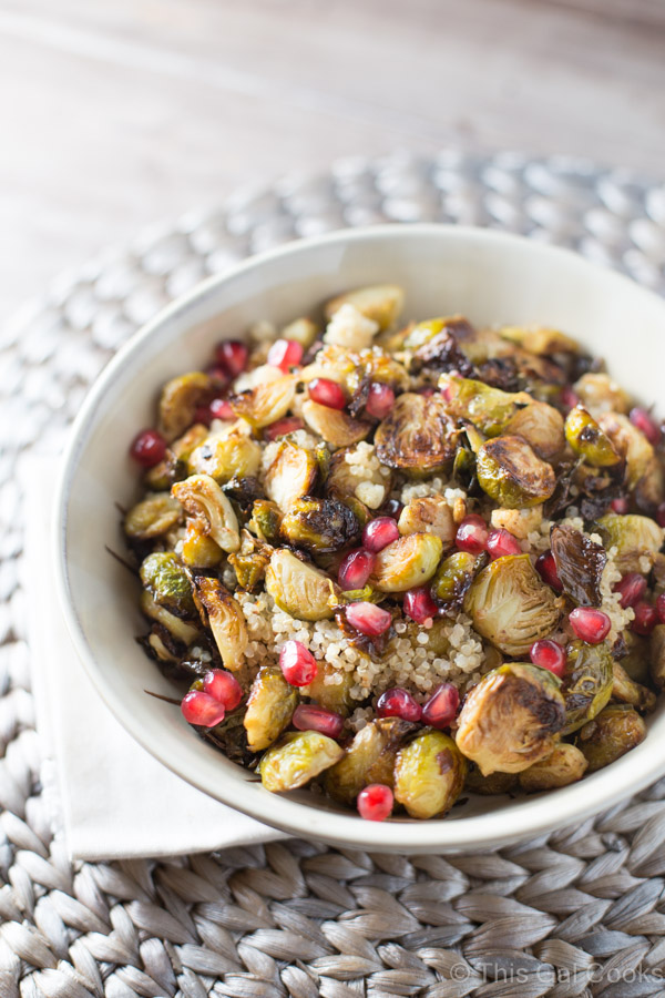 Roasted Brussels Sprouts and shallots are tossed with balsamic vinegar, topped over a bed of fluffy quinoa and then sprinkled with fresh pomegranate!