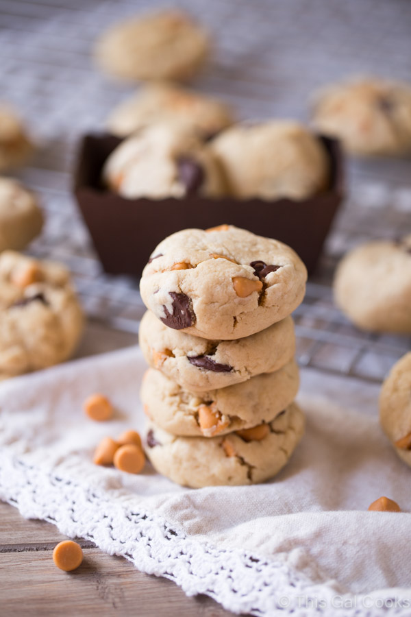 Soft Butterscotch Chocolate Chip Cookies. Soft, puffy cookies are filled with butterscotch and semi-sweet chocolate chips. Made with cream cheese, the cookies will stay soft!