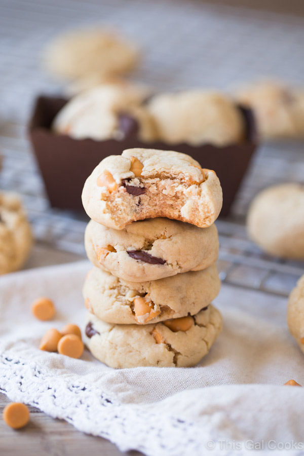 Soft Butterscotch Chocolate Chip Cookies. Soft, puffy cookies are filled with butterscotch and bittersweet chocolate chips. Made with cream cheese, the cookies will stay soft!