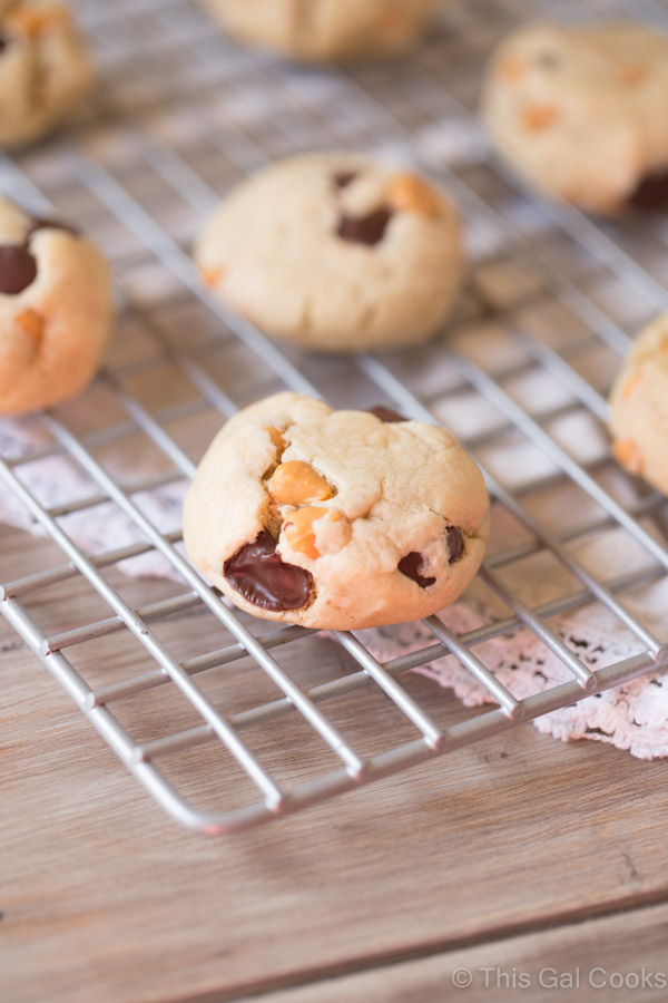 Soft Butterscotch Chocolate Chip Cookies. Soft, puffy cookies are filled with butterscotch and semi-sweet chocolate chips. Made with cream cheese, the cookies will stay soft!