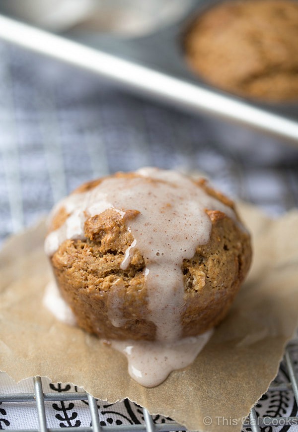 These Gingerbread Muffins are soft and full of flavor. A simple, one bowl recipe. Topped with sweet cinnamon sugar glaze for an extra burst of yum!