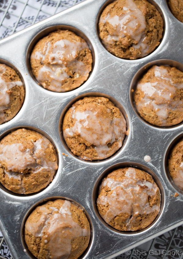 These Gingerbread Muffins are soft and full of flavor. A simple, one bowl recipe. Topped with sweet cinnamon sugar glaze for an extra burst of yum!