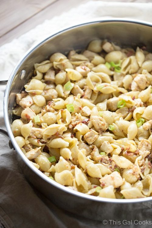 One Pan Chicken Bacon Honey Mustard Pasta - This Gal Cooks