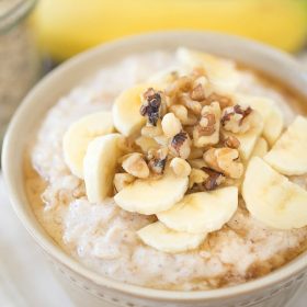 Smooth, creamy and slightly tangy Banana Oatmeal is sweetened with maple syrup and topped with crunchy walnuts. Greek yogurt gives this heartwarming, healthy oatmeal a creamy texture and tangy flavor!