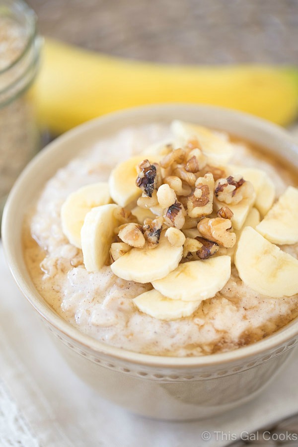 Smooth, creamy and slightly tangy Banana Oatmeal is sweetened with maple syrup and topped with crunchy walnuts. Greek yogurt gives this heartwarming, healthy oatmeal a creamy texture and tangy flavor!