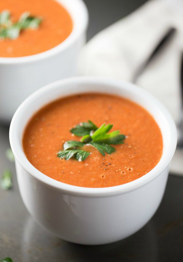 Roasted Tomato Soup is made with fresh roasted tomatoes, onions, thyme and balsamic vinegar. Half and Half is added for extra creaminess! 110 cal/serving!