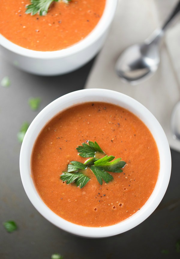 Roasted Tomato Soup is made with fresh roasted tomatoes, onions, thyme and balsamic vinegar. Half and Half is added for extra creaminess! 110 cal/serving!