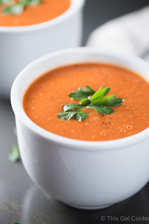 Roasted Tomato Soup is made with fresh roasted tomatoes, thyme and balsamic vinegar. Half and Half is added for a boost of low calorie creaminess!