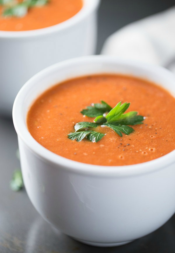 Roasted Tomato Soup is made with fresh roasted tomatoes, onions, thyme and balsamic vinegar. Half and Half is added for extra creaminess! 110 cal/serving!