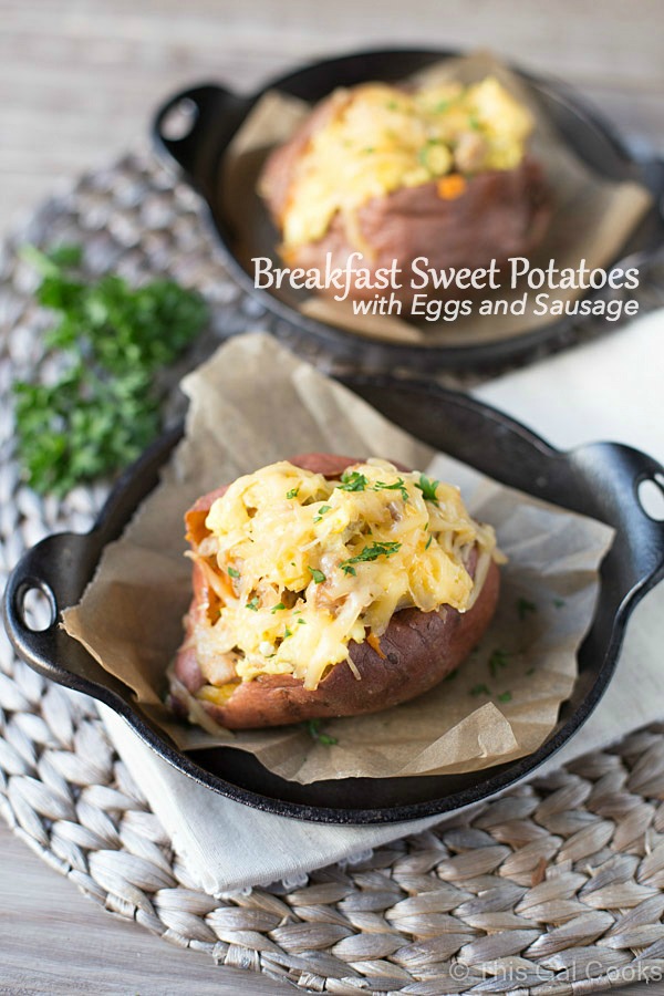 These healthier Breakfast Sweet Potatoes are stuffed with scrambled eggs, chicken sausage, and shredded smoked gouda cheese. Only 300 calories per serving, low fat and low sugar!