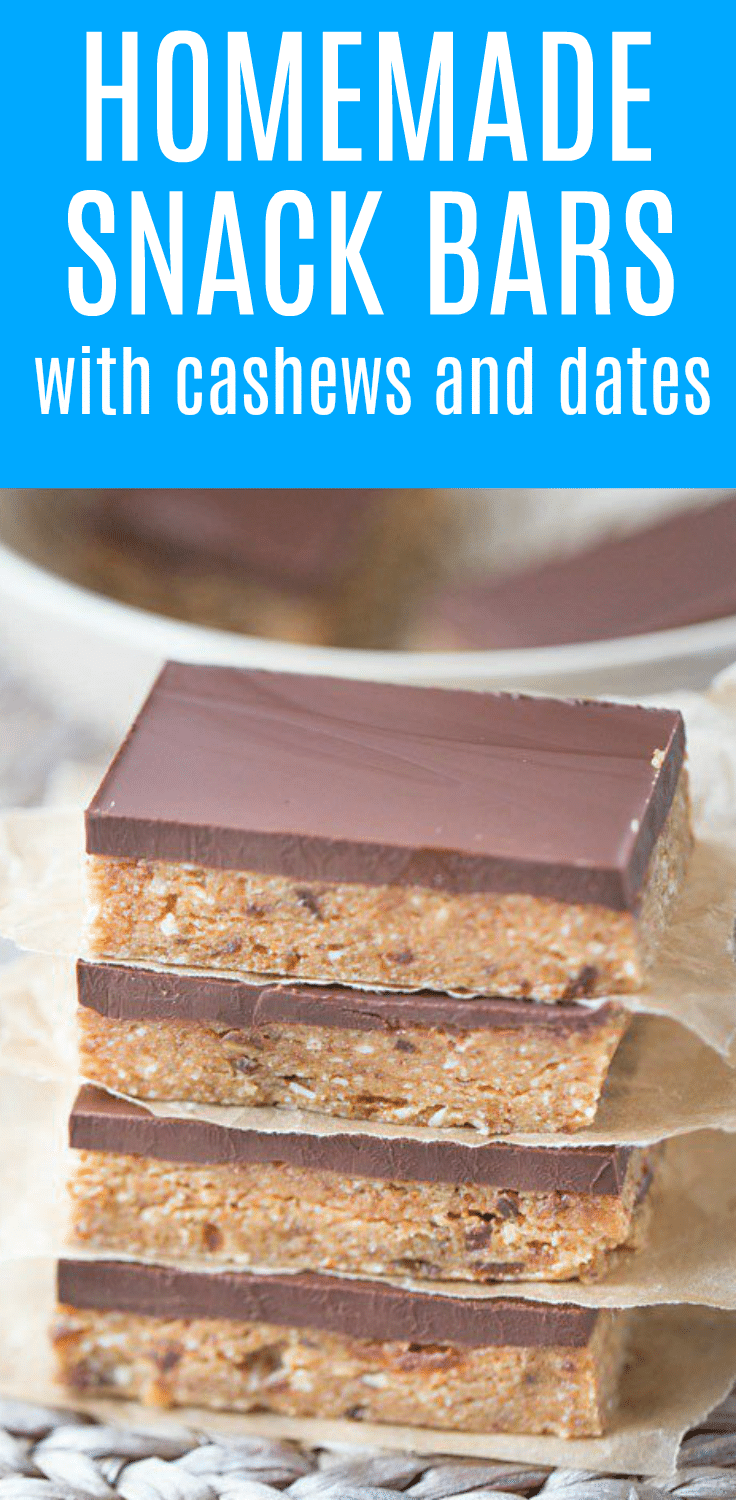 These gluten free Homemade Snack Bars are packed with raw cashews and almonds, dates and coconut flour. They're sweetened with honey and maple syrup. And for an extra boost of flavor, they're topped with a delicious layer of dark chocolate!