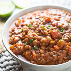 This simple and delicious lentil chili is ready to devour in 2o short minutes. Make it your own by topping with your favorite cheese, low fat sour cream and herbs!