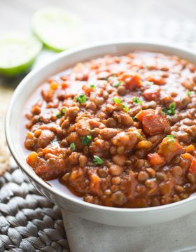 This simple and delicious lentil chili is ready to devour in 2o short minutes. Make it your own by topping with your favorite cheese, low fat sour cream and herbs!
